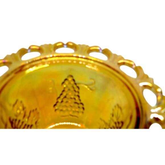 Carnival Glass Amber Marigold Grape Vine Harvest Pedestal Compote Candy Dish Lid - Picture 7 of 9